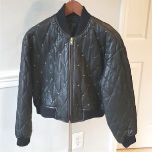 Studded Genuine Leather Diamond Quilted Black Bomber Jacket bikercore luxury fun